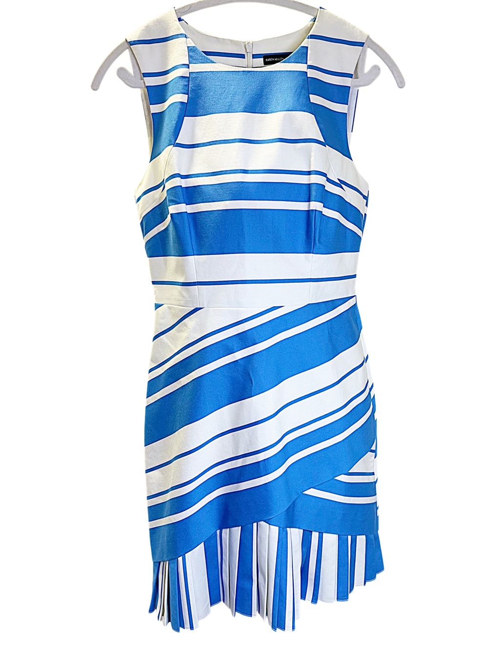 Karen Millen Blue White Striped Pleated Hem Wrap Mini Dress Sleeveless Size 8